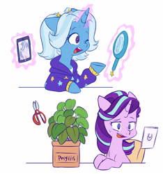 Size: 2724x2913 | Tagged: safe, artist:chub-wub, phyllis, starlight glimmer, trixie, pony, unicorn, alternate hairstyle, babysitter trixie, cellphone, chair, chat, clothes, desk, female, glowing horn, hoodie, horn, levitation, magic, mare, mirror, one eye closed, open mouth, phone, pigtails, plant, raised hoof, scissors, simple background, smartphone, sweat, sweatdrop, telekinesis, twintails, white background, wink