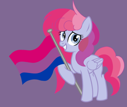Size: 2740x2313 | Tagged: safe, artist:circuspaparazzi5678, oc, oc only, oc:spectrum cannon, pegasus, pony, base used, bisexual pride flag, female, high res, magical lesbian spawn, mare, next generation, offspring, parent:pinkie pie, parent:rainbow dash, parents:pinkiedash, pride, pride flag, pride month, purple background, simple background, solo