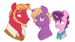 Size: 3037x1728 | Tagged: safe, artist:chub-wub, big macintosh, little mac, sugar belle, earth pony, pony, unicorn, g4, alternate hairstyle, beard, clothes, facial hair, family, father and child, father and son, female, male, mare, mother and child, mother and son, older, older little mac, ship:sugarmac, shipping, shirt, simple background, stallion, straight, vest, white background