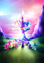 Size: 1200x1700 | Tagged: safe, artist:blue-foxy, applejack, fluttershy, pinkie pie, rainbow dash, rarity, twilight sparkle, alicorn, earth pony, pegasus, pony, unicorn, g4, female, mane six, mare, rear view, scenery, signature, spread wings, twilight sparkle (alicorn), twilight's castle, wings