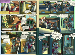 Size: 2160x1584 | Tagged: safe, artist:firefanatic, arizona (tfh), granny smith, cow, earth pony, pony, comic:friendship management, them's fightin' herds, g4, basket, blushing, calf, chair, comic, community related, crossover, dialogue, door, embarrassed, food, implied applejack, implied twilight sparkle, kitchen, knocking, licking, licking lips, milk, nervous, offscreen character, pie, rug, seat, sink, throwing, tongue out, what is hoo-man, window