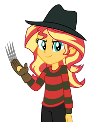 Size: 6008x7000 | Tagged: safe, artist:emeraldblast63, sunset shimmer, equestria girls, g4, a nightmare on elm street, claw, clothes, clothes swap, cosplay, costume, female, freddy krueger, gloves, solo, sweater