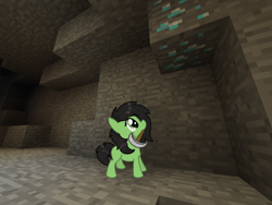 Size: 2000x1500 | Tagged: safe, artist:craftycirclepony, derpibooru exclusive, oc, oc only, oc:filly anon, earth pony, pony, adoranon, cave, chest fluff, cute, diamond, diamond ore, female, filly, iron pickaxe, looking up, minecraft, mouth hold, smol, solo, starry eyes, wingding eyes