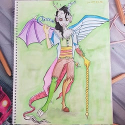 Size: 894x894 | Tagged: safe, artist:eli.moon.378, discord, draconequus, human, hybrid, g4, base used, cane, ear piercing, earring, humanized, irl, jewelry, male, photo, piercing, solo, text, traditional art, waving