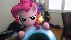 Size: 1280x720 | Tagged: safe, artist:stormxf3, pinkie pie, earth pony, pony, g4, >:), bookshelf, evil smile, female, fuse, grin, ignition, imminent pain, irl, looking at you, mare, party cannon, photo, ponies in real life, property of pinkie pie, slasher smile, smiling, solo, the fourth wall cannot save you, this will not end well, youtube