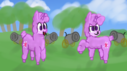 Size: 1920x1080 | Tagged: safe, artist:llamalauncher, twilight sparkle, llama, g4, atg 2020, cannon, duality, female, llamafied, newbie artist training grounds, no pupils, raised hoof, scenery, solo, species swap, tongue out