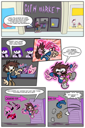 Size: 2240x3360 | Tagged: safe, artist:joeywaggoner, pinkie pie, oc, human, g4, bin, bow, changing room, character to character, clothes, comic, commission, dialogue, doll, dress, goth, gothic pinkie, hair bow, hairband, hairclip, hand in pocket, hat, high heels, high res, hoodie, human oc, levitation, looking at self, magic, male, male to female, onomatopoeia, open mouth, pac-man eyes, pants, pinkie mask, pinkie pie's boutique, pointing, rule 63, shelf, shirt, shoes, smiling, speech bubble, store, sunglasses, surprised, telekinesis, the mask, toy, transformation, transgender transformation, undressing