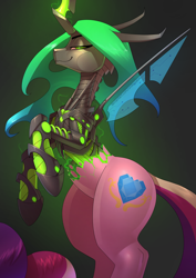 Size: 2480x3508 | Tagged: safe, artist:underpable, queen chrysalis, changeling, changeling queen, robot, robot changeling, g4, bugbot, commission, digital art, disguise, disguised changeling, fake cadance, female, high res, queen chrysabot, shapeshifting, smiling, solo, the ass was fat, transformation