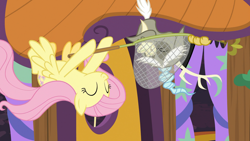 Size: 1920x1080 | Tagged: safe, screencap, discord, fluttershy, draconequus, pegasus, pony, discordant harmony, g4, butterfly net, cute, discute, duo, eyes closed, female, mare, net, shyabetes, upside down