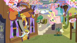 Size: 1920x1080 | Tagged: safe, screencap, discord, fluttershy, draconequus, pegasus, pony, discordant harmony, g4, candy, discord's house, female, food, male, mare, tentacle plant, upside down
