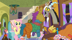 Size: 1920x1080 | Tagged: safe, screencap, discord, fluttershy, draconequus, pegasus, pony, discordant harmony, g4, candy, cute, discute, female, food, male, mare, marshmallow, piñata, shyabetes, tentacle plant