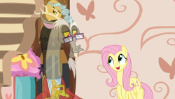 Size: 1920x1080 | Tagged: safe, screencap, discord, fluttershy, draconequus, pegasus, pony, discordant harmony, g4, clothes, duo, fading, glasses, sweater, transparent