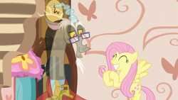 Size: 1920x1080 | Tagged: safe, screencap, discord, fluttershy, pegasus, pony, discordant harmony, g4, clothes, duo, fading, glasses, happy, sweater, transparent