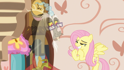 Size: 1920x1080 | Tagged: safe, screencap, discord, fluttershy, draconequus, pegasus, pony, discordant harmony, g4, season 7, clothes, duo, duo male and female, fading, faic, female, glasses, male, mare, sweater, transparent