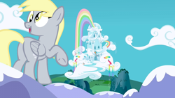 Size: 1280x720 | Tagged: safe, edit, editor:jaredking779, derpy hooves, fluttershy, rainbow dash, pegasus, pony, g4, and that's how equestria was unmade, butt, cloud, female, giant derpy hooves, giant pony, giantess, macro, mare, plot, rainbow dash's house, raised hoof