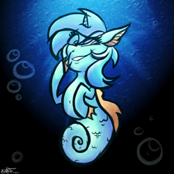 Size: 2000x2000 | Tagged: safe, artist:binkyt11, derpibooru exclusive, lyra heartstrings, sea pony, g4, atg 2020, bubble, faic, female, high res, mare, newbie artist training grounds, seaponified, seapony lyra, smiling, smirk, solo, species swap, underwater