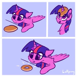 Size: 1000x1000 | Tagged: safe, artist:lollipony, twilight sparkle, alicorn, pony, cheek fluff, chest fluff, comic, cute, donut, ear fluff, eye clipping through hair, female, food, horn, horn impalement, i'm pancake, mare, pancakes, solo, the uses of unicorn horns, twiabetes, twilight sparkle (alicorn)