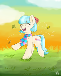 Size: 830x1031 | Tagged: safe, artist:monsoonvisionz, coco pommel, earth pony, pony, g4, atg 2020, autumn, autumn leaves, clothes, cloud, cocobetes, cute, eyes closed, female, happy, leaf, leaves, mare, newbie artist training grounds, open mouth, scarf