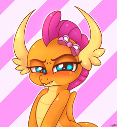 Size: 2500x2700 | Tagged: safe, artist:heavymetalbronyyeah, smolder, dragon, g4, blushing, bow, chubby cheeks, cute, cute little fangs, dragoness, fangs, female, high res, looking at you, puffy cheeks, smolderbetes, smoldere, solo, squint, tsundere