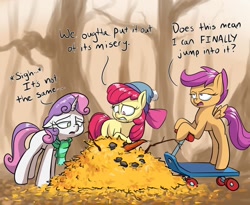 Size: 1280x1048 | Tagged: safe, artist:rocket-lawnchair, apple bloom, scootaloo, sweetie belle, earth pony, pegasus, pony, unicorn, g4, atg 2020, autumn, beanie, carrot, clothes, cutie mark crusaders, dialogue, fail, female, food, forest, hat, leaf pile, leafman, leaves, newbie artist training grounds, scarf, scooter, snowman, toque, trio