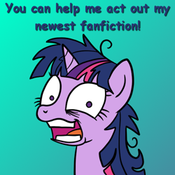 Size: 500x500 | Tagged: artist needed, safe, twilight sparkle, pony, g4, dialogue, eye twitch, faic, female, gradient background, mare, messy mane, solo, twilight loves fanfiction, twilight snapple