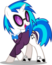 Size: 797x1002 | Tagged: safe, artist:zacatron94, dj pon-3, vinyl scratch, pony, unicorn, g4, bowtie, clothes, female, raised hoof, simple background, smiling, solo, suit, transparent background, tuxedo, vector, vinyl class, vinyl's glasses