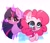 Size: 1582x1345 | Tagged: safe, artist:riukime, pinkie pie, twilight sparkle, earth pony, pony, unicorn, g4, abstract background, bust, cute, duo, female, mare, open mouth, portrait, unicorn twilight