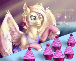Size: 1280x1033 | Tagged: safe, artist:sizaru, oc, oc only, pegasus, pony, apron, cherry, clothes, commission, cupcake, digital art, ear piercing, earring, female, food, holding, icing bag, jewelry, kitchen, mare, piercing, solo, spread wings, sprinkles, wings