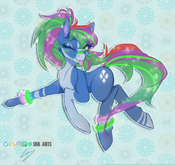 Size: 3508x3306 | Tagged: safe, artist:srk-arts, oc, oc only, oc:cobalt flux, earth pony, pony, :p, bandage, bandaid, bandaid on nose, bracelet, dancing, ear piercing, earth pony oc, high res, jewelry, looking at you, multicolored hair, one eye closed, piercing, tongue out, wink