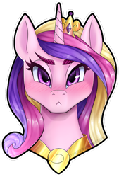 Size: 1600x2362 | Tagged: safe, artist:str1ker878, princess cadance, alicorn, pony, g4, >:<, blushing, bust, collaboration, commission, crown, female, jewelry, looking at you, mare, regalia, simple background, solo, transparent background, white outline