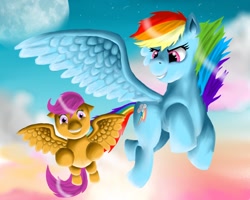 Size: 1280x1024 | Tagged: artist needed, safe, artist:kayobe, rainbow dash, scootaloo, pegasus, pony, g4, cloud, cute, cutealoo, flying, scootaloo can fly, scootalove, sky, smiling, stars, sunset