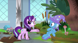 Size: 1920x1080 | Tagged: safe, screencap, starlight glimmer, trixie, pony, unicorn, a horse shoe-in, g4, angry, belly, burnt mane, cape, cattails, clothes, dirty, duo, female, hat, mare, mess, mushroom, raised hoof, reeds, scorched, trixie's cape, trixie's hat
