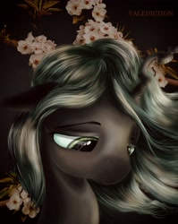 Size: 2111x2649 | Tagged: safe, artist:eris azure, queen chrysalis, changeling, changeling queen, g4, alternate design, alternate hairstyle, black background, eyebrows, female, flower, green eyes, green mane, high res, horn, mane, photoshop, sad, simple background, solo