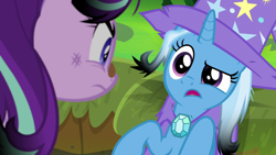 Size: 1920x1080 | Tagged: safe, screencap, starlight glimmer, trixie, pony, unicorn, a horse shoe-in, g4, burnt mane, clothes, female, hat, mare, scorched, trixie's hat