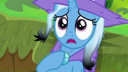 Size: 1920x1080 | Tagged: safe, screencap, trixie, pony, unicorn, a horse shoe-in, g4, burnt mane, clothes, female, hat, mare, scorched, solo, trixie's hat