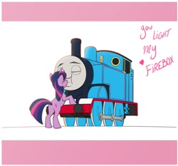 Size: 929x865 | Tagged: safe, artist:jessemg, artist:jessemg95, twilight sparkle, pony, unicorn, g4, accurate description, alternate version in the description, crack shipping, crossover, crossover shipping, every day we stray further from celestia, every day we stray further from god's light, kissing, shipping, thomas the tank engine, train, twitom, unicorn twilight, valentine's day card