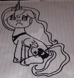 Size: 1920x2021 | Tagged: safe, artist:savannah-london, princess luna, alicorn, pony, g4, art, black outlines, crown, crying, cute, deviantart watermark, female, floppy ears, hoof shoes, jewelry, lined paper, looking at you, lunabetes, mare, monochrome, necklace, obtrusive watermark, outline, pencil drawing, regalia, sad, sadorable, sitting, solo, teary eyes, traditional art, watermark