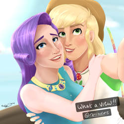 Size: 1707x1707 | Tagged: safe, artist:treblesketchofficial, applejack, rarity, human, equestria girls, equestria girls series, g4, rollercoaster of friendship, female, geode of shielding, geode of super strength, human coloration, lesbian, magical geodes, selfie, ship:rarijack, shipping