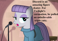 Size: 1024x720 | Tagged: safe, edit, edited screencap, editor:korora, screencap, maud pie, g4, the ending of the end, the maud couple, cropped, implied chrysalis, implied cozy glow, implied discord, implied lord tirek, implied twilight sparkle, maud the comedian, microphone, pun, speech, spotlight, talking
