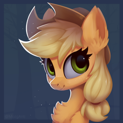 Size: 992x992 | Tagged: safe, artist:anti1mozg, applejack, earth pony, pony, g4, bust, chest fluff, cowboy hat, cute, ear fluff, female, freckles, hat, jackabetes, looking at you, mare, smiling, solo