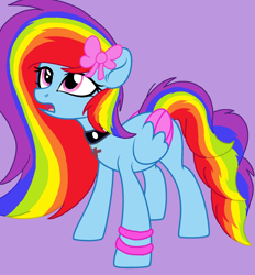 Size: 1800x1940 | Tagged: source needed, safe, artist:circuspaparazzi5678, oc, oc only, oc:cattie, pegasus, pony, art trade, base used, bow, bracelet, collar, cross, jewelry, multicolored hair, pink eyes, rainbow hair, solo