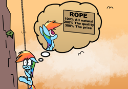 Size: 2000x1402 | Tagged: safe, artist:rainbowbacon, rainbow dash, pegasus, pony, g4, atg 2020, cliff, cloud, female, mare, newbie artist training grounds, rope, sign, solo, thought bubble