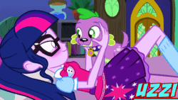 Size: 800x450 | Tagged: safe, artist:uzzi-ponydubberx, sci-twi, spike, spike the regular dog, timber spruce, twilight sparkle, dog, human, equestria girls, g4, animated, bedroom, bedroom eyes, bestiality, blushing, caught, female, fetish, gif, interspecies, kiss on the lips, kissing, male, ship:sci-twispike, ship:twispike, shipping, shipping denied, spike gets all the equestria girls, straight, zoophilia