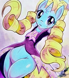 Size: 1819x2048 | Tagged: safe, artist:025aki, four step, pony, unicorn, blushing, clothes, female, hips, looking at you, mare, smiling, solo, traditional art