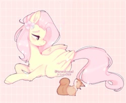 Size: 939x775 | Tagged: safe, alternate version, artist:yumocloudyy, fluttershy, pegasus, pony, squirrel, g4, chest fluff, colored hooves, cute, female, flower, flower in hair, leg fluff, mare, pink background, profile, prone, shyabetes, simple background, solo