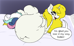 Size: 2276x1418 | Tagged: safe, artist:somefrigginnerd, bon bon, lyra heartstrings, sweetie drops, oc, oc:snow veil, earth pony, pony, unicorn, g4, anal vore, dialogue, female, huge belly, mare, multiple prey, story in the source, tail sticking out, unbirthing, vore