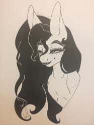 Size: 1280x1707 | Tagged: safe, artist:corisodapop, oc, oc only, oc:kylie, pony, big ears, black and white, grayscale, monochrome, solo, traditional art, transgender