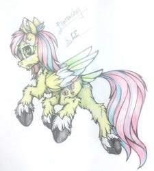 Size: 1080x1199 | Tagged: safe, artist:creature.exist, fluttershy, pegasus, pony, g4, colored wings, female, fluffy, hooves, solo, traditional art, wings