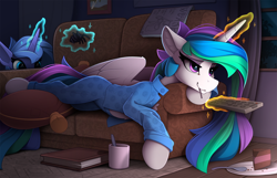 Size: 2400x1550 | Tagged: safe, artist:yakovlev-vad, princess celestia, princess luna, alicorn, pony, spider, g4, book, cake, cakelestia, clothes, couch, duo, eating, female, food, magic, mare, mug, pajamas, prank, prone, remote control, royal sisters, s1 luna, siblings, sisters, slender, soon, spoon, telekinesis, thin, this will end in a trip to the moon, this will end in tears and/or a journey to the moon, this will not end well, trolluna, unbuttoned, watching tv