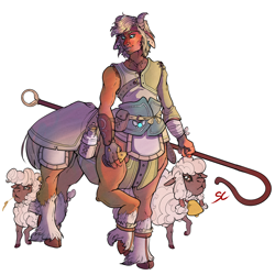 Size: 1772x1772 | Tagged: safe, artist:sourcherry, oc, oc only, centaur, sheep, fallout equestria, bell, centaur oc, clothes, curved horn, horn, horns, legend of zelda: twilight princess, link, milk, milk bottle, musical instrument, ocarina, shepherd, shepherd's crook, smiling, the legend of zelda, unshorn fetlocks